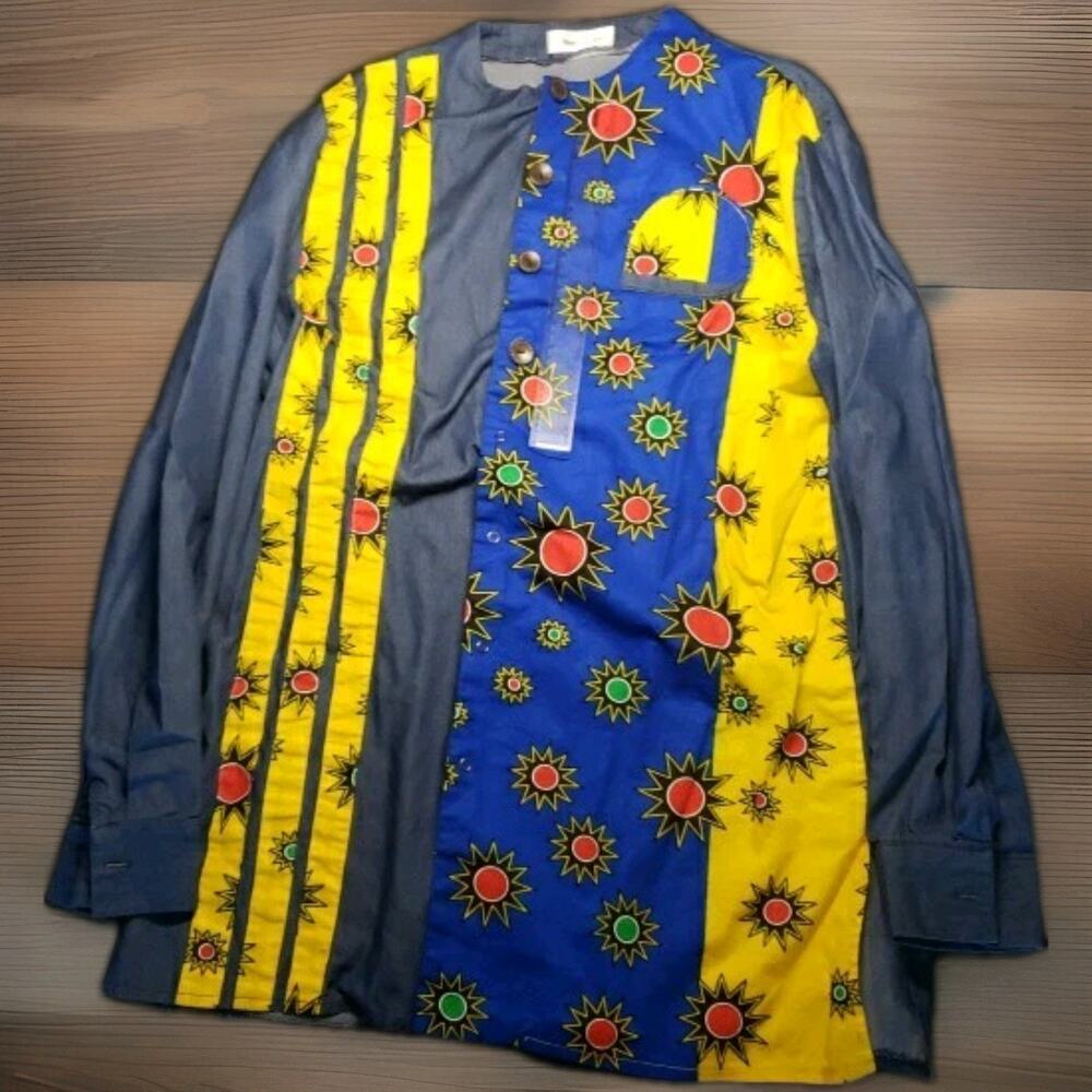 3XL Binta Real Wax Dashiki Men's African Sun Blue Yellow Unique Button Up